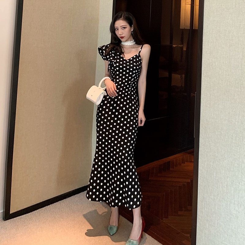 

vestido de festa summer party dress elegant Women' clothing v-neck one-shoulder spaghetti strap dot trumpet long dresses black