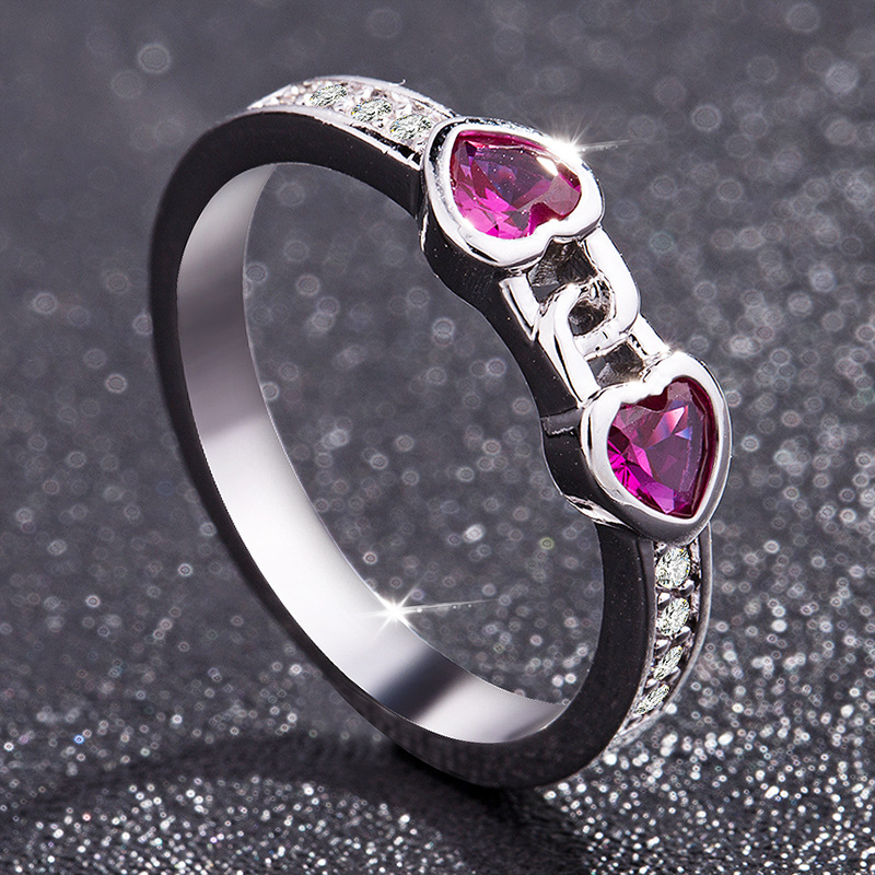 

Creative New Double Red Color Heart-shaped Zircon Ring for Women Hot Sale Heart-locked Ring Fashion Party Wedding Band Jewelry
