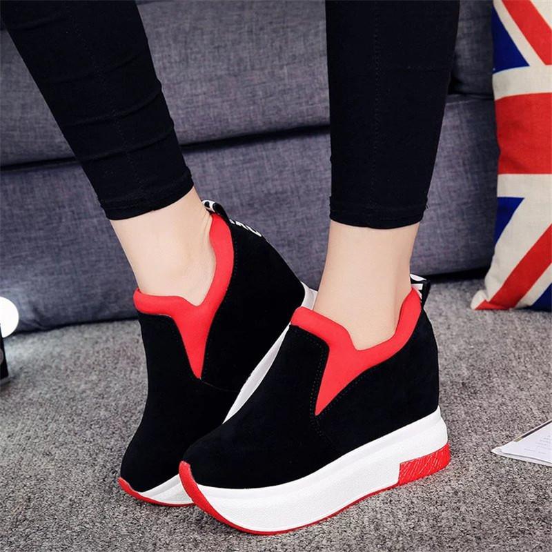 Hot Sale-Women Casual Shoes Hidden Heels 10 Cm Platforms Shoes Female Height Increasing Vulcanized Shoes Woman Black Red