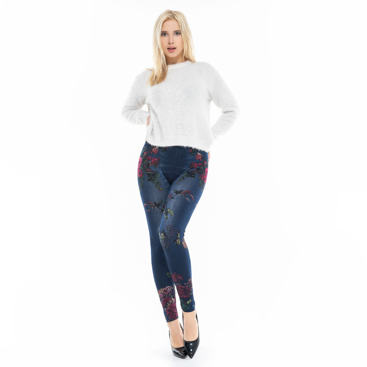 

Flower Big Stretch Imitation Denim Leopard Legging Sexy Latex Leggings, Picture color