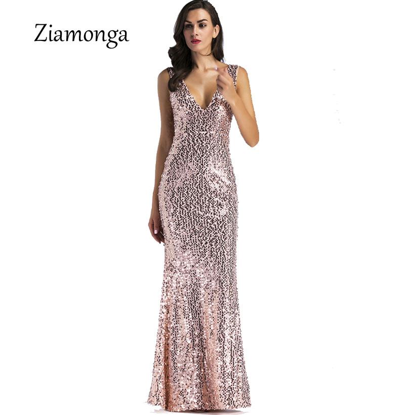 

Ziamonga Summer Dress Women Gold Sequin Dress Deep V Neck Evening Party Mermaid Gown Elegant Sexy Wedding Vestido De Festa