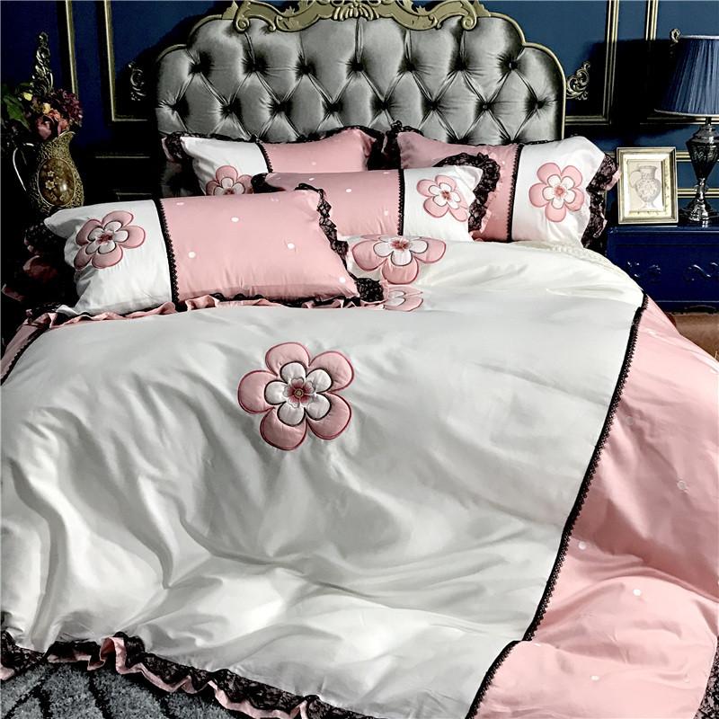 

34 100S Egyptian Cotton Pink Flower Embroidery bedding set Queen King Size Duvet Cover Bed Linen Bed sheet Pillowcases 4pcs