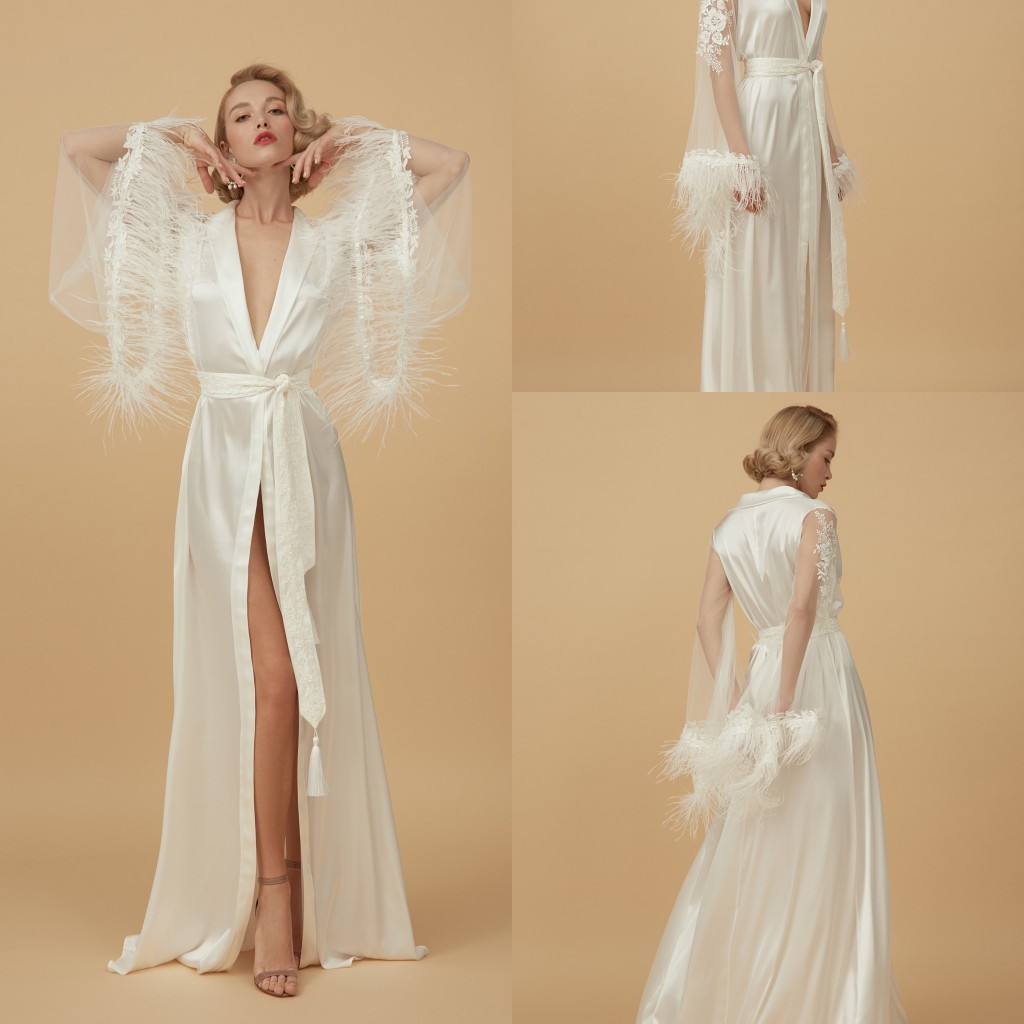 

Robe De Mariée Sexy Women Bathrobe Feather Sleepwear Lace Nightgown Long Sleeve Long Robe Spa Bridal Boudoir Robe Holiday Party Costume
