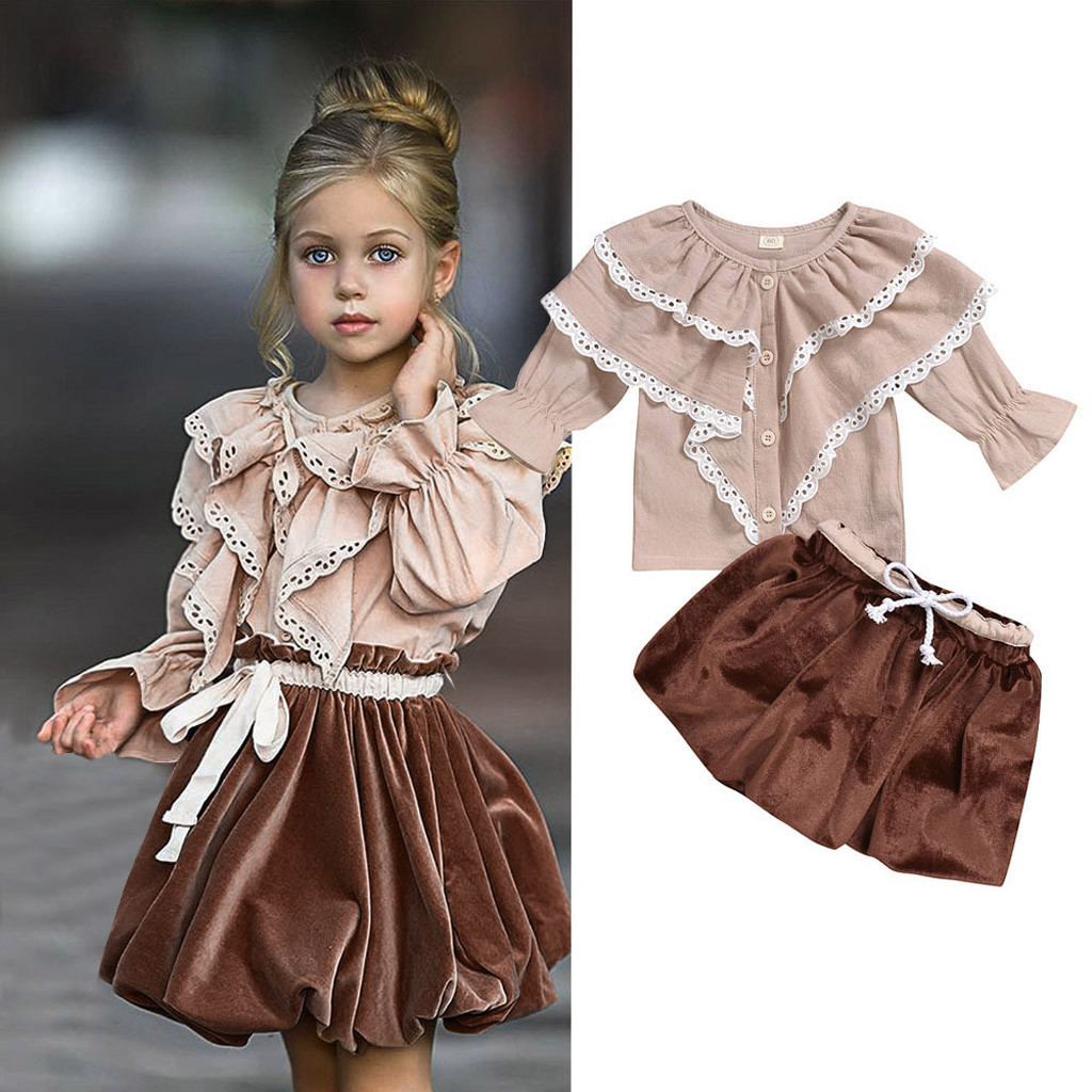 

Toddler Baby Girl Long Sleeve Solid Ruffled Collar Tops Kilt Dress Outfits Set Toddler Kids Baby sweet girl Winter Clothes Sets, Customize