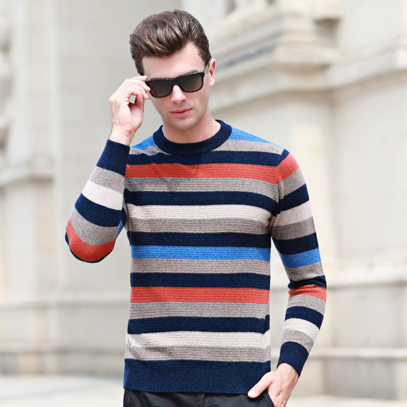 

2019 Spring New Striped Sweater Men Contrast Color Slim Fit 100% woolen O-neck Plus Size Knitted Pullovers, Gray