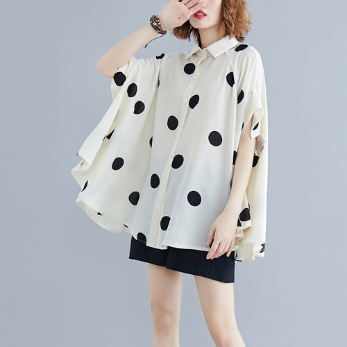 

Literary Woman Blouses Shirts Polka Dot Korean Blouse Batwing Sleeve Camisas Blusas Feminina Casual Camisas Mujer Chiffon Shirt, Black