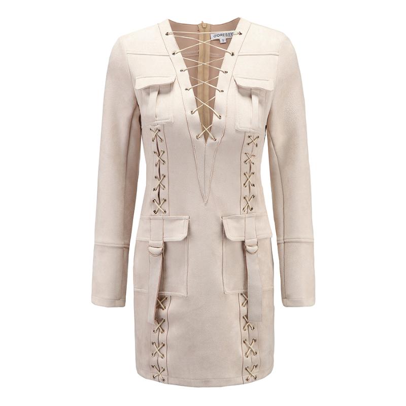

Sale High QUALITY Paris Fashion 2020 BAROCCO Runway Dress Women' Sexy Lacing Rope Vinage Suede Bodycon Dress, Beige