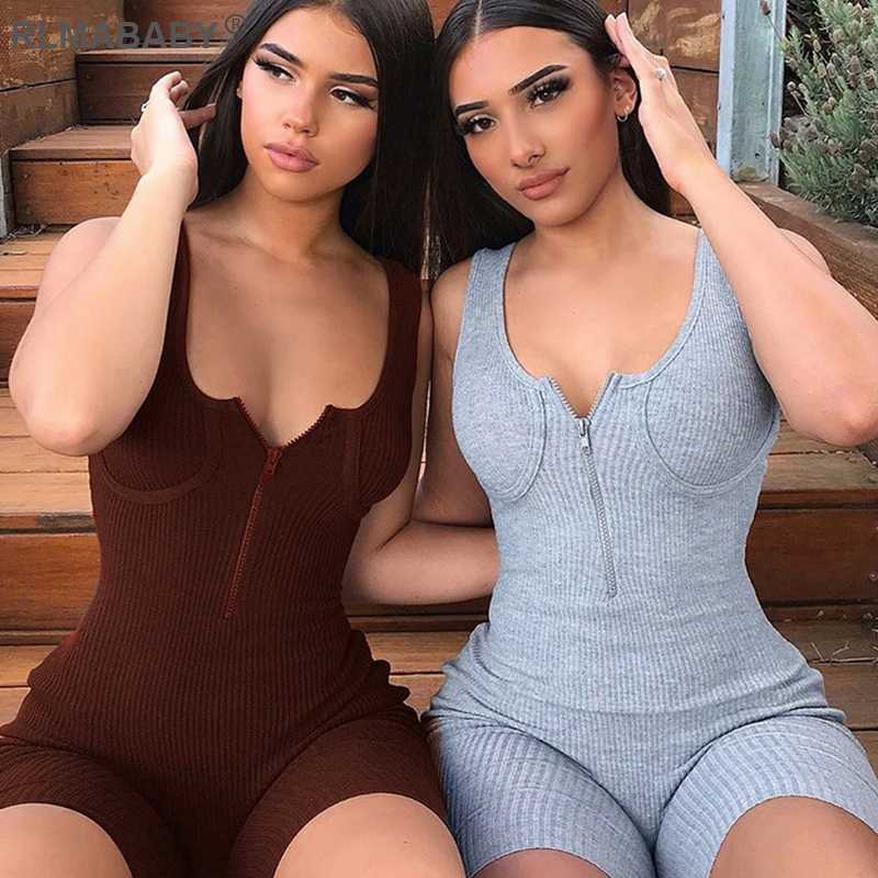 

RLMABABY Summer Women Ribbed Playsuit Skinny V Neck Zipper Fitness Jumpsuit Sleeveless Backless Sexy Rompers Playsuit Jumpsuit, Brown playsuit