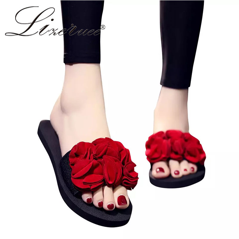 

Lizeruee Beach Shoes Women Seaside Vacation Non-slip 1cm Bohemian Flower Flat Slippers Summer Leisure Fashion Ladies Slippers, Black