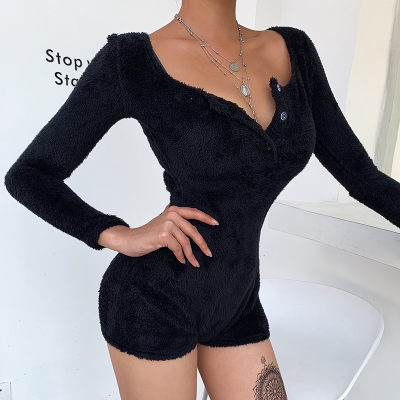 

WHZHM Pink Buttons Playsuits Feminina Skinny Long Sleeve Round Neck Sexy Flannel Party Casual Club Patchwork Playsuits Women, Black