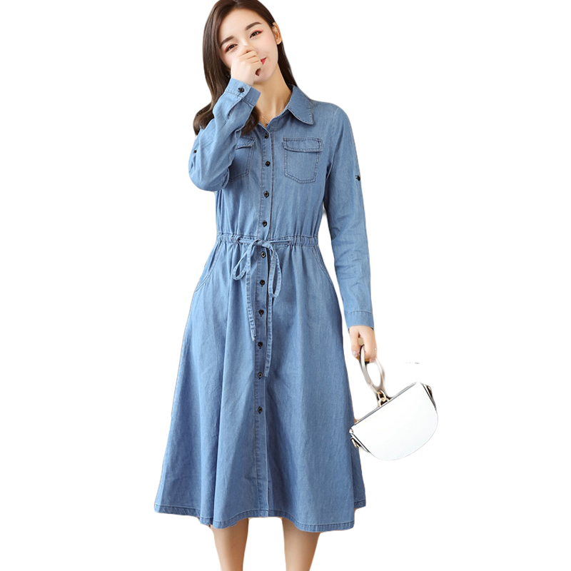 

2019 Spring Autumn Women Denim Dress Elegant Long Sleeve Tunic Office Party Dresses Ladies Casual Jeans Vestidos With Belt CM051, Dark blue