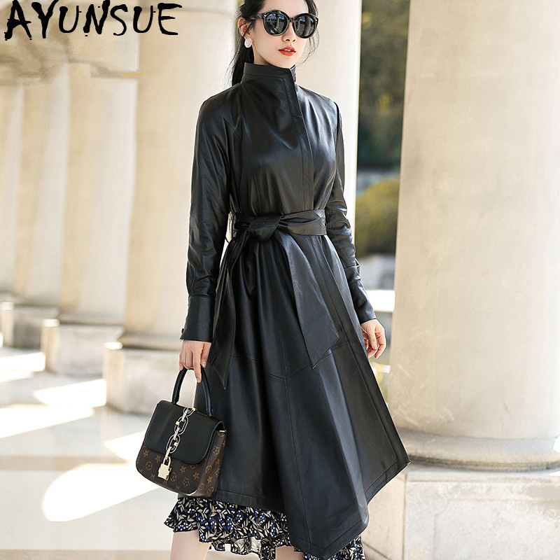 

AYUNSUE 100% Genuine Sheepskin Coat Female Real Leather Jacket Winter Jacket Women Long Trench Coats and Jackets Women MY3710, Black-thick