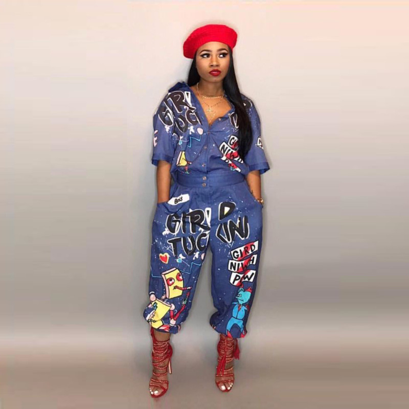 

2019 Autumn New Style Brand Fashion Hip Hop Style Women Jumpsuit Special Letter Turn Down Collar Half Sleeve Romper MG600, Black