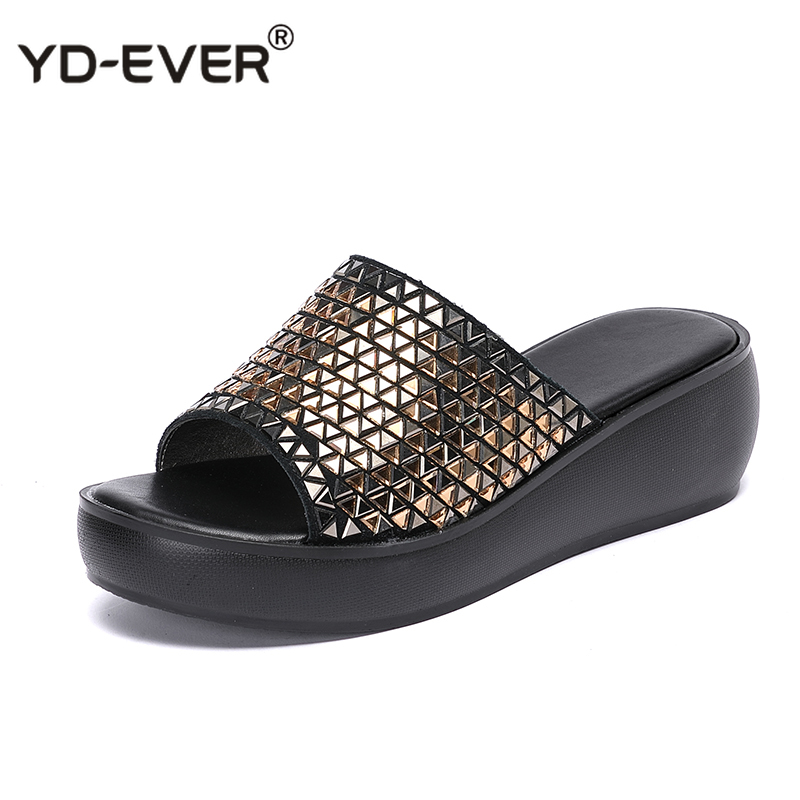 

Genuine Leather Slippers Women's Shoes 2020 Summer Platform Sandals Rhinestone Casual Wedges Slippers Slides, 179 gold