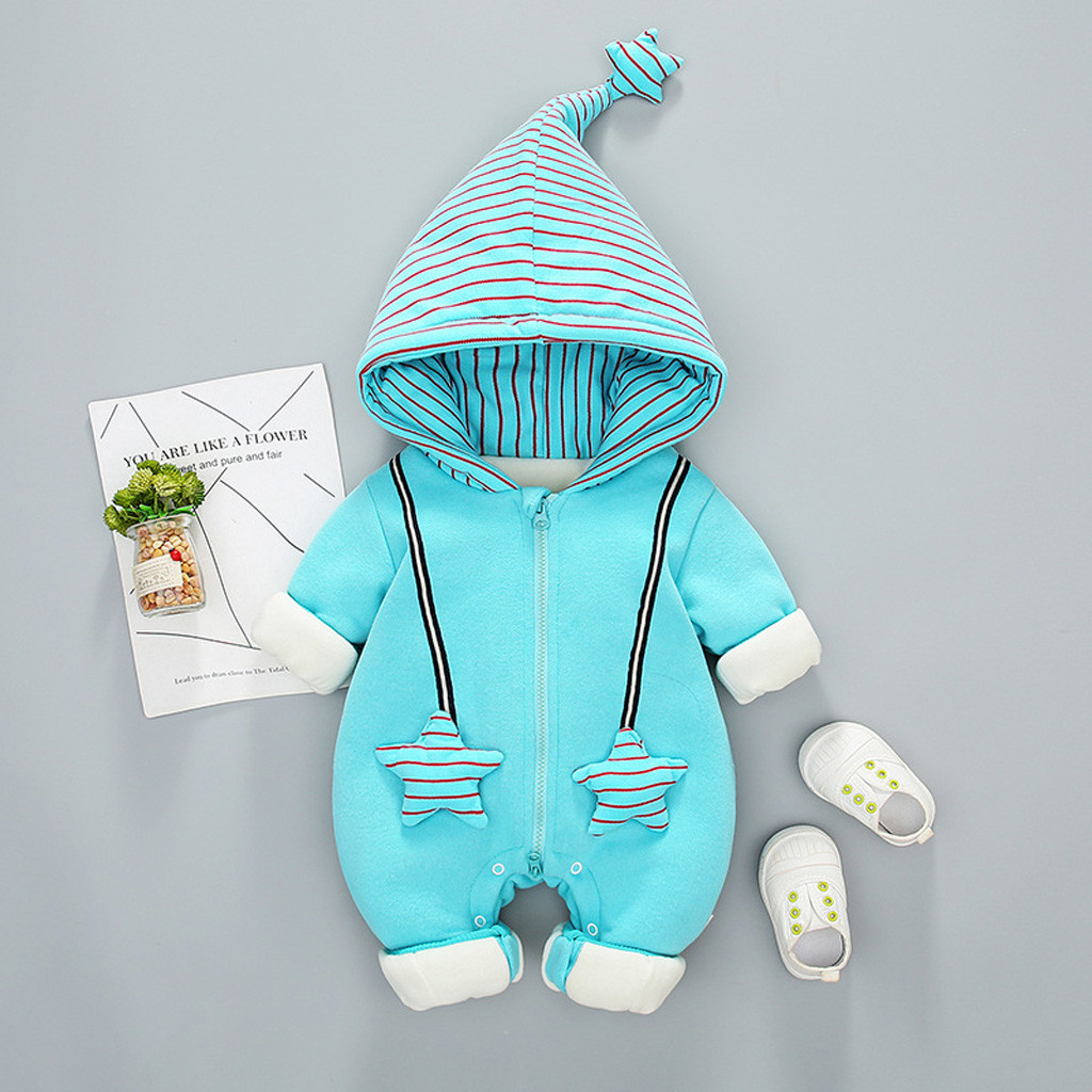 

Newborn Snowsuit Girl Boy Winter Jumpsuit Baby Kids Star Striped Winter Warm Romper Jumpsuit Hooded Coat Outwear Winterjas Baby, Blue