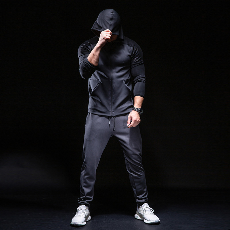 

Winter Autumn Hoodies Sport Shirt with Pants Men Hat Zipper Running Jackets Set Fitness Gym Sports Clothing Men's Sportswear, Black set