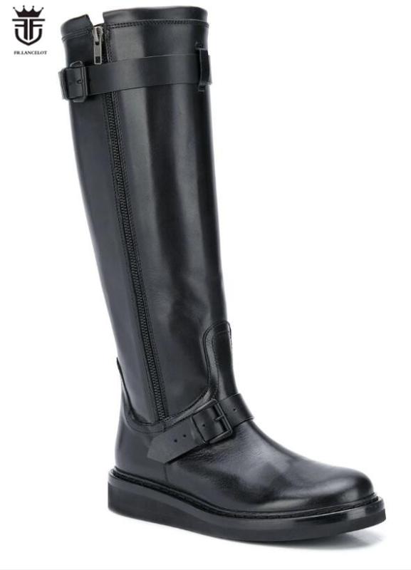 

FR.LANCELOT 2020 New black leather boot point toe knee high boots square buckle mujer botas party shoes men thick heel