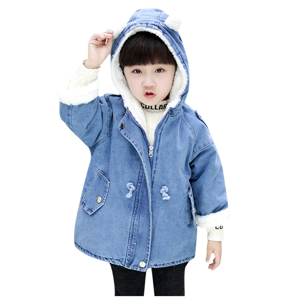 

Denim Coats Baby Girl Warm Winter Thick Coat Zipper Cartoon Ear Hooded Outerwear Pocket Cloak Baby Coat Girls Outerwear, Blue