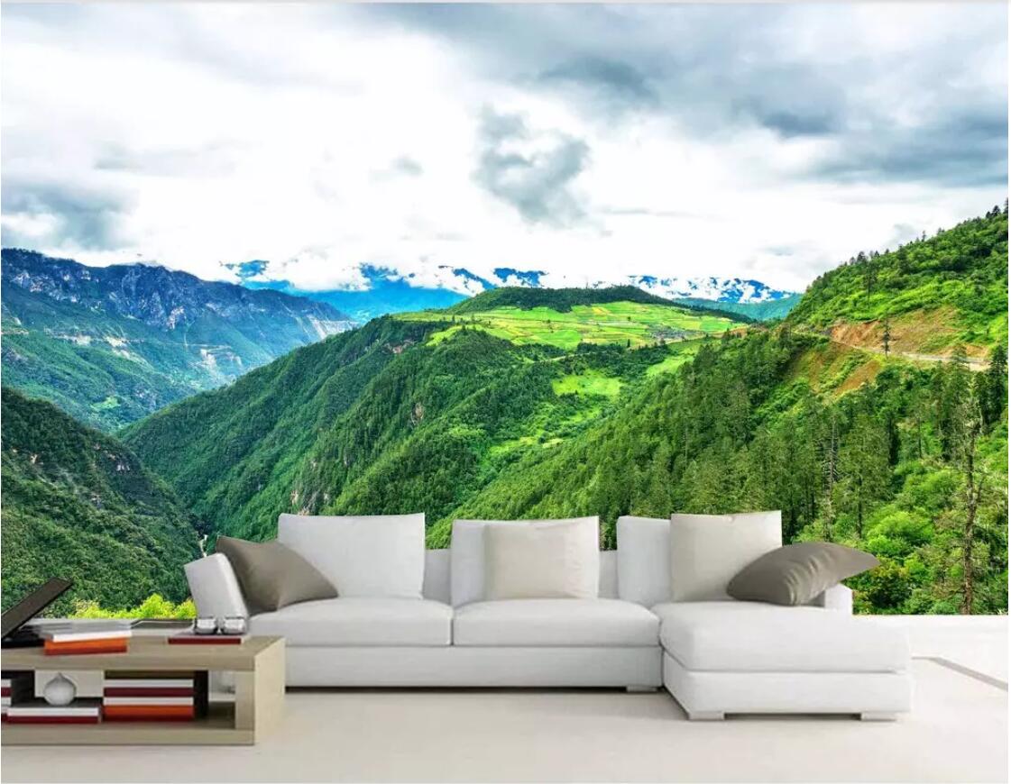 

3d wallpaper custom photo HD green landscape mountains landscape simple and beautiful Nordic background wall wallpaper for walls 3 d, Sky blue