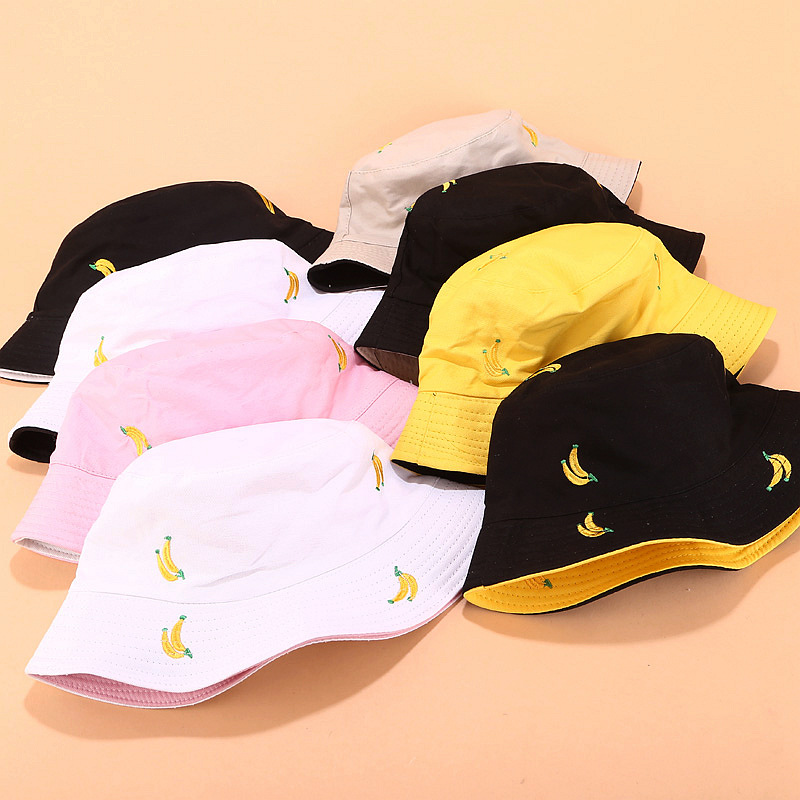 

Cotton Fruit banana Double-sided wear Bucket Hat Fisherman Hat outdoor travel Sun Cap Hats for men and Women 89, White
