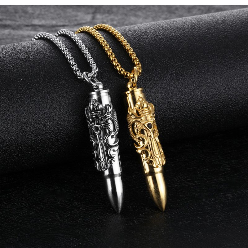 

New Fashion Creative Accessories Stainless Steel Ssangyong Sword Bullet Pendant Necklace for Men Punk Rock Double Dragon Jewelry