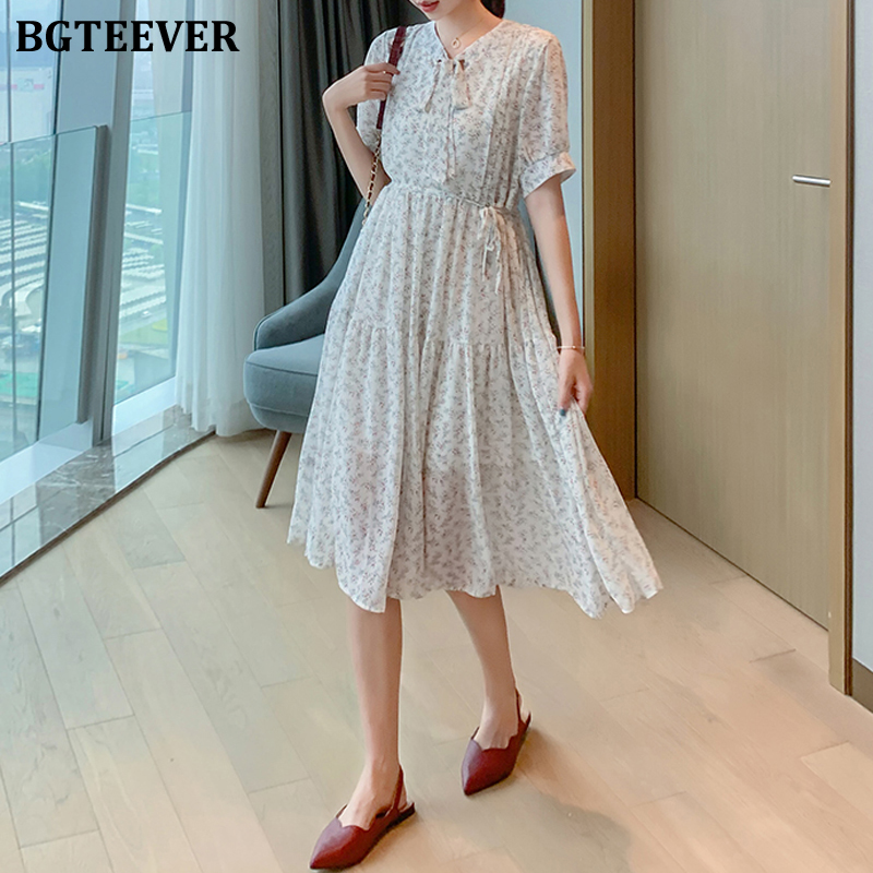 

BGTEEVER Casual Bow Neck Female Floral Print Midi Dress Short Sleeve High Waist Lace-up Women Chiffon Dress 2020 Summer Vestidos, White