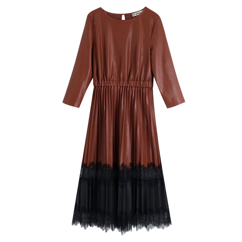 

Stylish Women Autumn Dress 2019 New Fashion Pu Leather Patchwork Lace Vestidos Modern Lady Long Dresses, As photo
