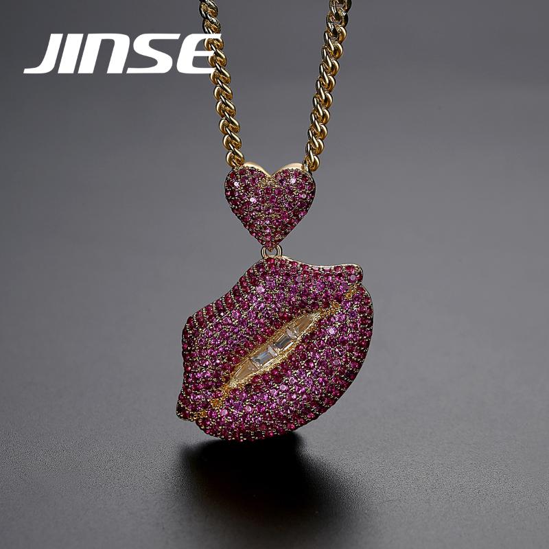 

Chains JINSE Mens Hip Hop -Sexy Colorful Lips Pendant Necklace Gold Color Crystal Stone For Men Women Fashion Jewelry