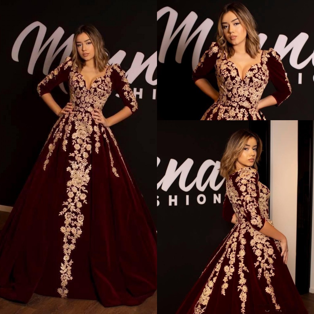 

New Arabic Burgundy Velvet Evening Dresses Wear Sweetheart Champagne Lace Appliques Beads 1/2 Long Sleeves Ball Gown Party Dress Prom Gowns, Royal blue