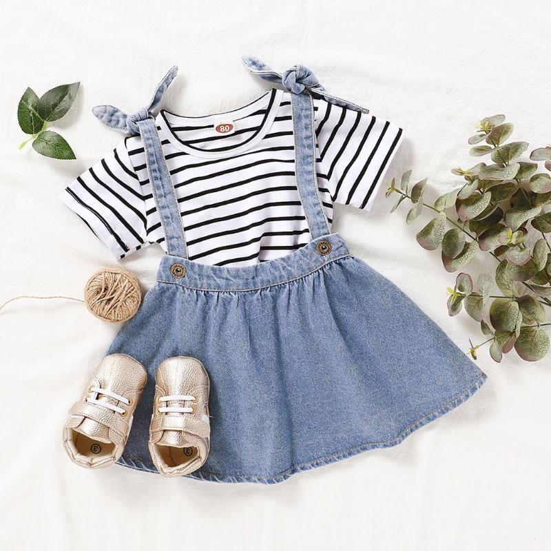 

2pcs Toddler Baby Girls Tutu Skirts Summer strap dress Striped Print T-shirt Tops+Suspender Denim Skirts Outfits babykleding, Blue