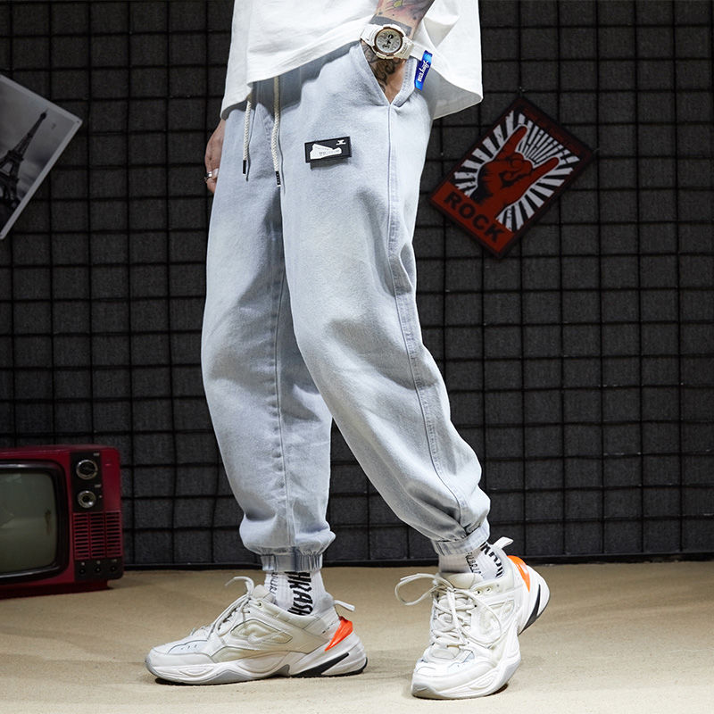 

2020 retro jeans male loose student Korean version of boys leggings wide-legged pants men' nine-point pants, Beige
