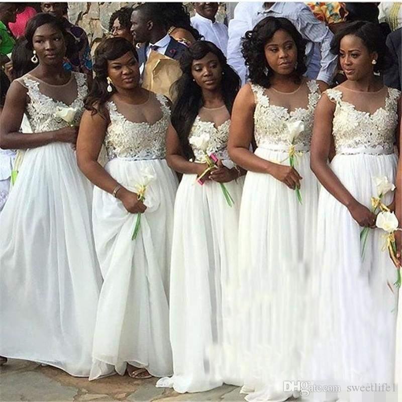 

2020 South African Black Girls White Bridesmaid Dresses Sheer Neck Sleeveless Chiffon Floor Length Side Split Wedding Guest Dress