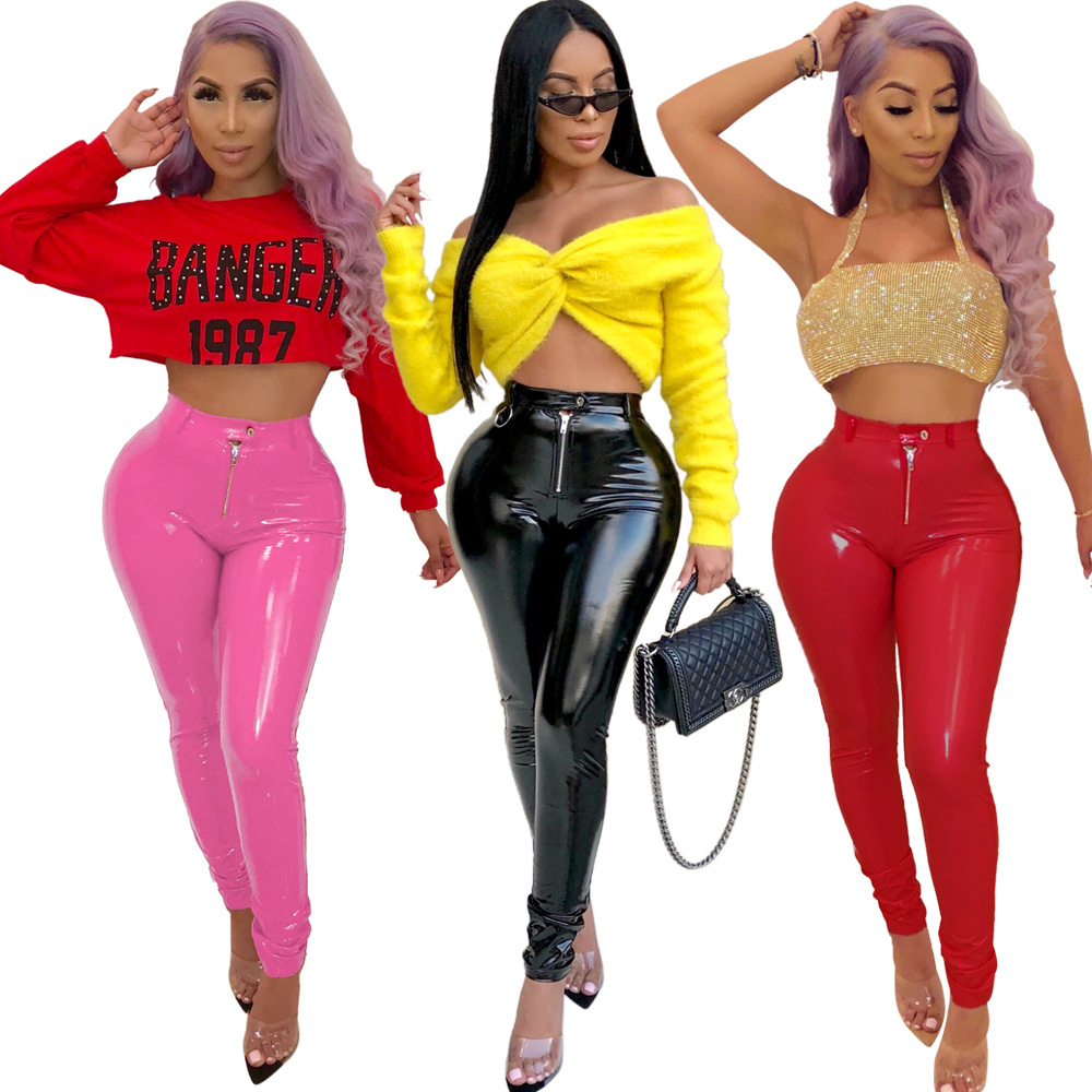 

HISIMPLE 2019 Spring Latex Faux Pu Leather Pants Women Trousers Push Up High Waist Skinny Pants Pencil Black Sexy Pants Female Plus Size 3XL, Black;white