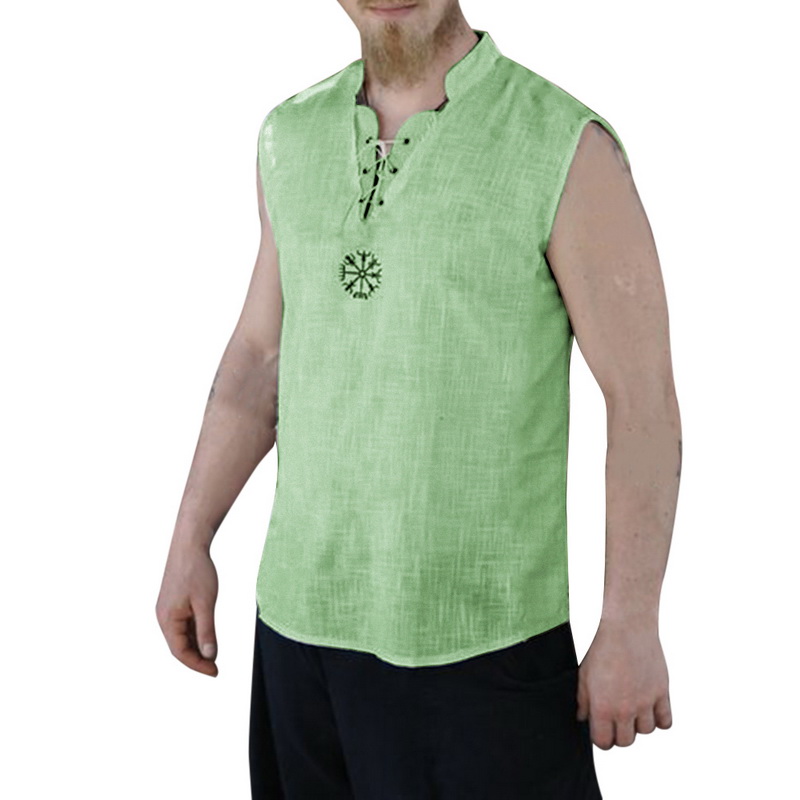 

Dihope Men's Casual Cotton linen shirt Male White Sleeveless Ethnic Shirts Men Summer Lace Up Solid Color Shirt Tops S-2XL, Beige