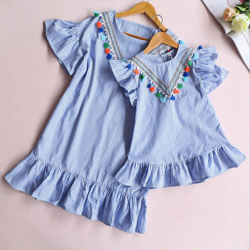 

Baby Girl Family Matching Clothes Mom And Daughter Dress Nine Quarter Stripe Tassel Mini Mother And Daughter Outfits, Dark m0cha ck9246-102 @ j three