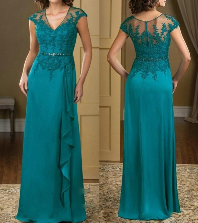 Été en mousseline de soie A-ligne mère de la mariée Robes col en V robe de soirée en dentelle perlée Appliques Prom Party Robes
