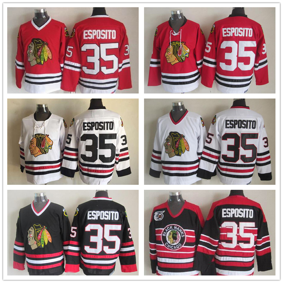 

Mens Chicago Blackhawks Hockey Jerseys #35 Tony Esposito Red White Vintage Tony Esposito 75th Anniversary Black Stitched Jersey M-XXXL, Black;red