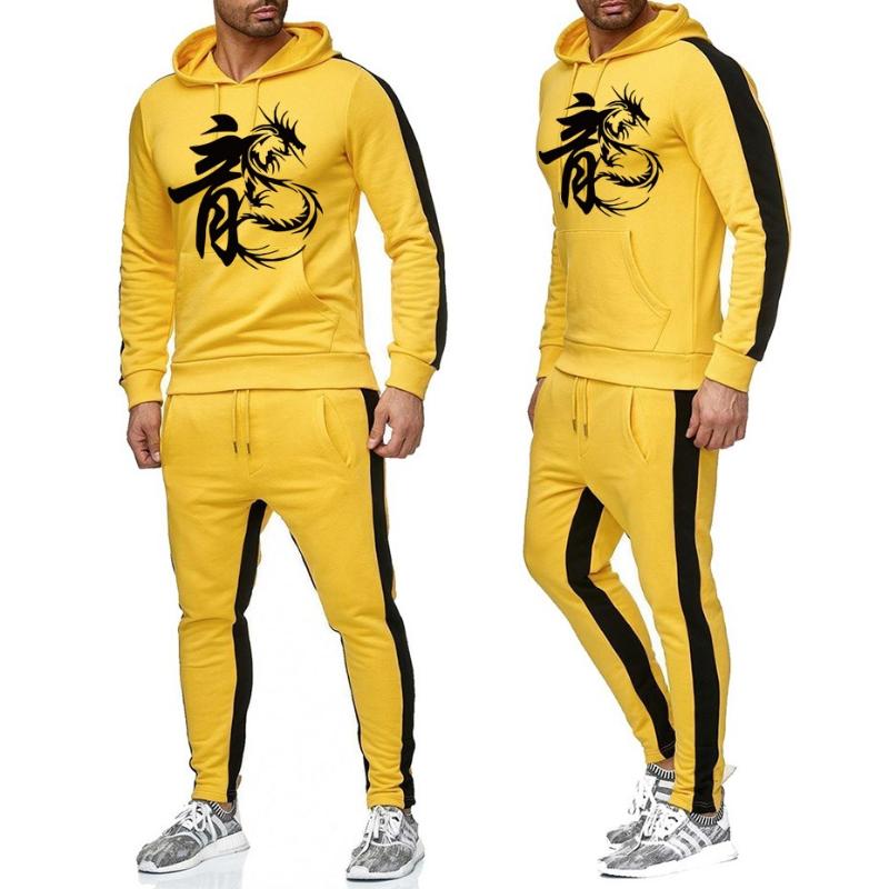 

The high quality Bruce Casual Hoodies Pants Mens Sportswear Pant Hoody Sweatshirt Male Suits Jogging Sweatpant 2 Pcs, Black-b