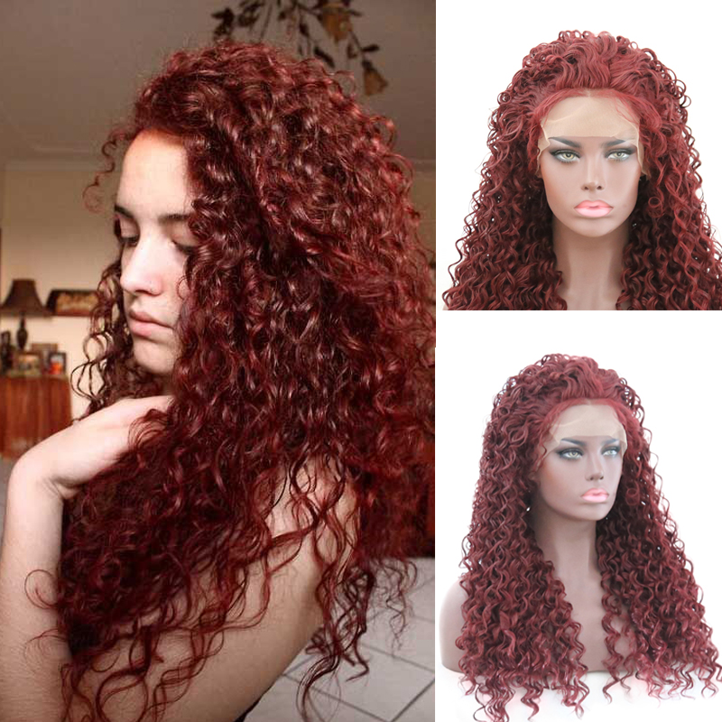 

AIMEYA Red Brown Wigs Deep Curly Synthetic Lace Front Wig for Women Half Hand Tied Heat Resistant Free Part Hair Woman Wigs, As pic