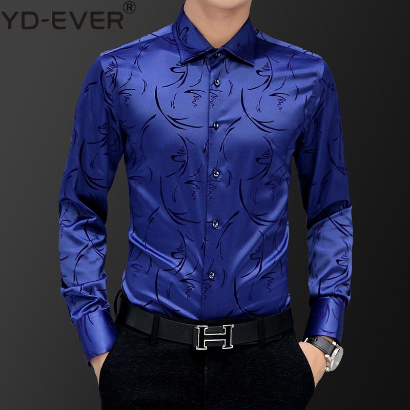 

Korean Fashion Style Men's Shirt Wedding Party Dress Long Sleeve Vintage Shirt Silk Tuxedo Top Chemise Male Cotton White, Blue