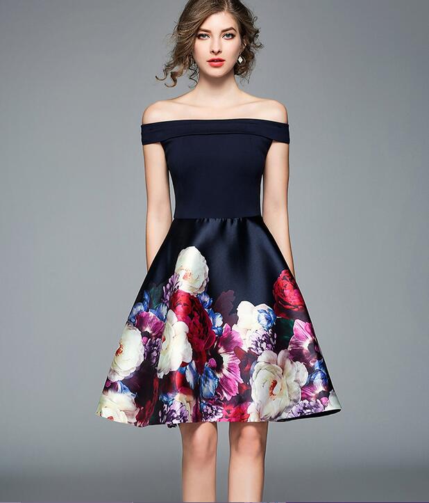 

Slash neck 2019 spring and summer mini dress short sleeve flora printed dress sexy A-line skirt knee-length, Multi