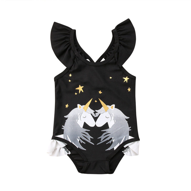 

Cute kids swimsuits sleeveless Unicorn print baby girls one piece bikini swimwear 2018 ruffles patchwork 2-7Y children beachwear, Black
