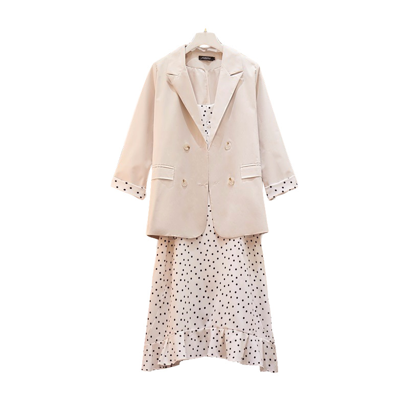 

Women's Polka Dot Blazer Dress Two Piece Set Three Quarter Sleeve Blazer Coat Plus Size Vintage Vestido Robe Femme 2020, White