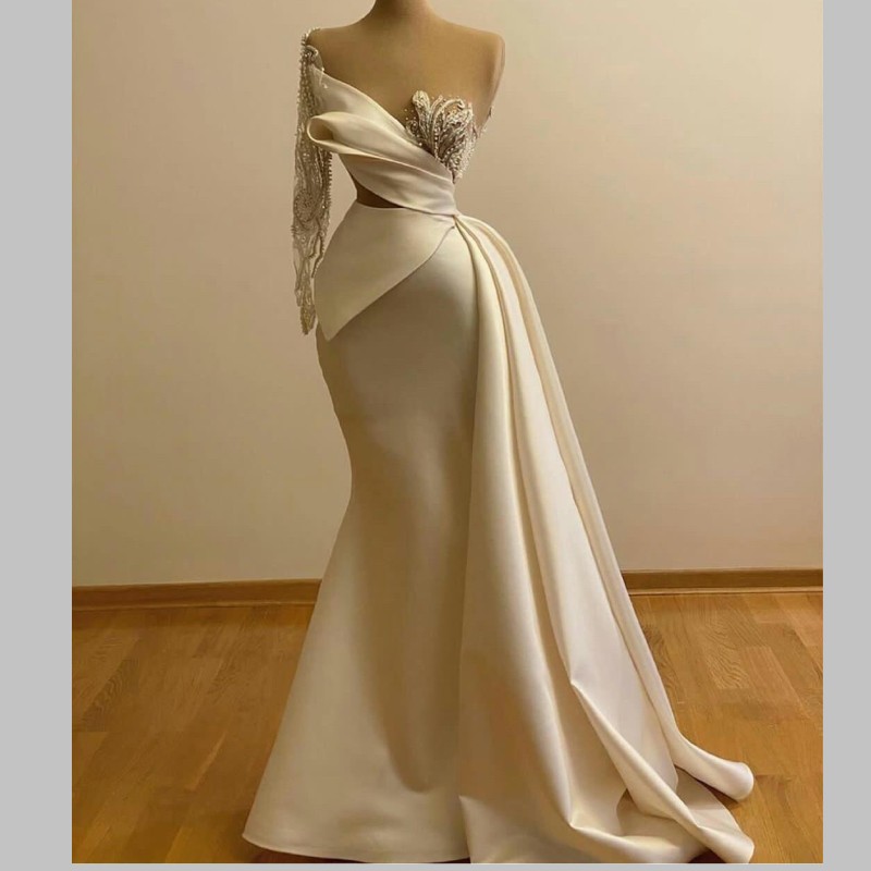 

Beading Mermaid Evening Dresses One Shoulder Long Sleeve Cutaway Sides Prom Dress Runway Party Gowns, Silver