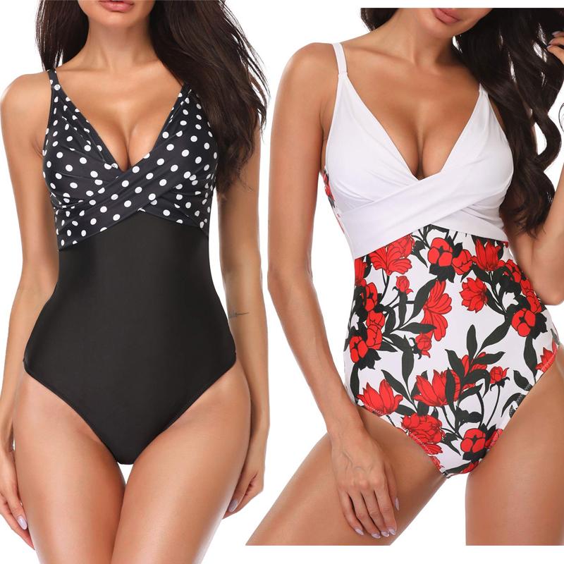One Piece Swimsuit Women Print Sexy Black White Bodysuit Swimwear Push Up Monokini Solid Bathing Suit Beachwear Swimming Suit