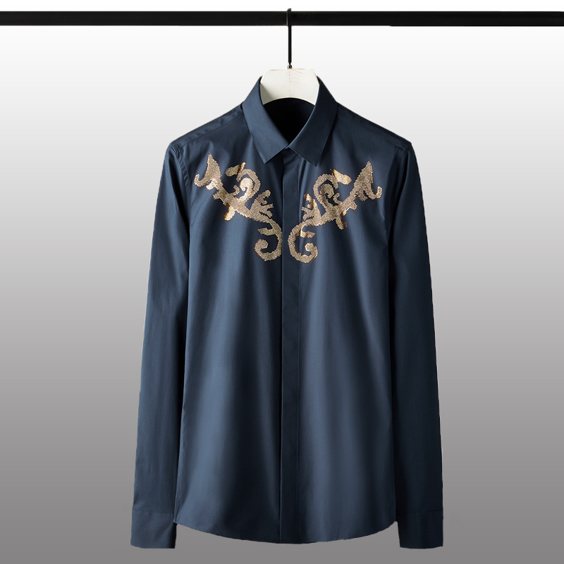 

Cotton Mens Shirts Luxury Royal Diamond Long Sleeve Solid Color Mens Dress Shirts Plus Size 4xl Slim Fit Male 4XL, Blue