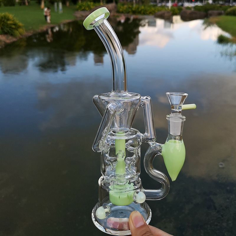 

2020 New Glass Bong Water Pipes Double Recycler Turbine Perc Glass Water Pipe With Fab Egg Percolator 14mm Female Joint HR319