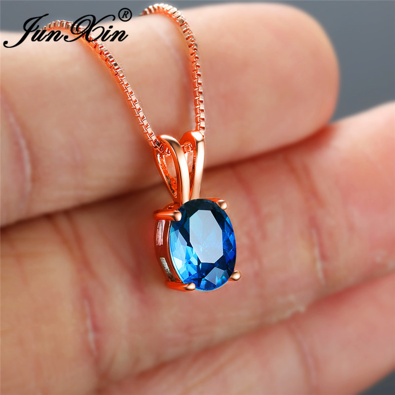 

Female Valentine Day Rainbow Crystal Oval Pendant Clavicle Necklaces For Women Rose Gold Blue Zircon Wedding Necklace Jewelry