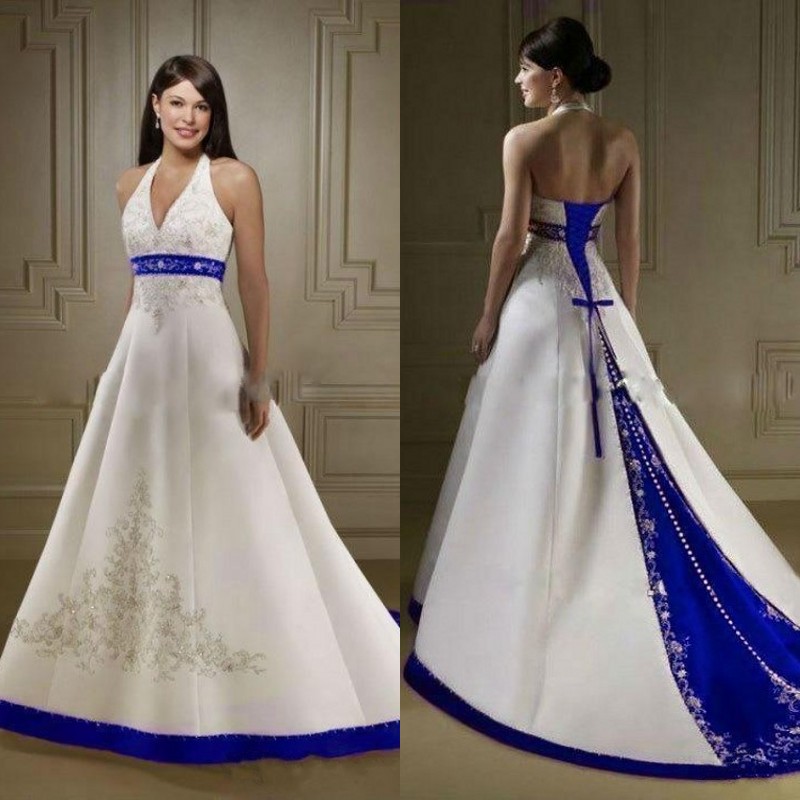 

Vintage Royal Blue and White Wedding Dresses Gowns Halter Neckline A Line Beaded Embroidery Design Satin Wholesale Bridal Gowns Long, Champagne