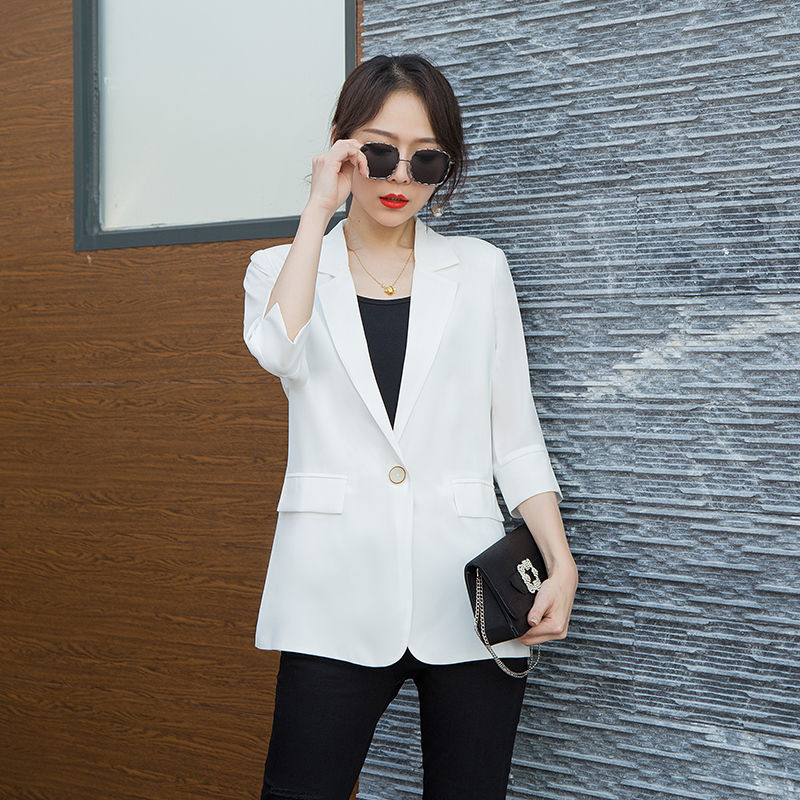 

2020 New Spring Summer Women Loose Casual Fashion Lady Office Blazers Coat Female Three Quarter Single Cotton Suit Outerwear F16, Ju hong